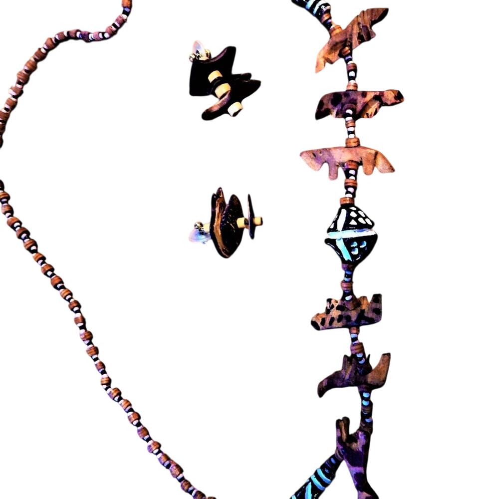 Vintage Kenyan Hand Carved Artisan Safari Necklace & Earring Set